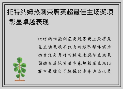 托特纳姆热刺荣膺英超最佳主场奖项 彰显卓越表现